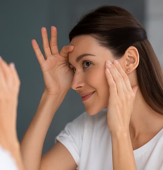 Man checking his skin in the mirror.